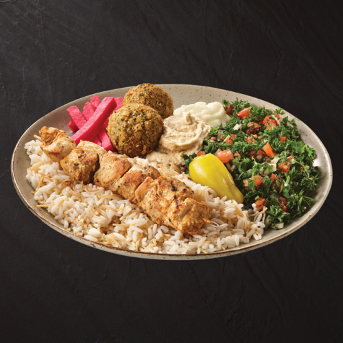 falafel and meat skewer plate from villa madina
